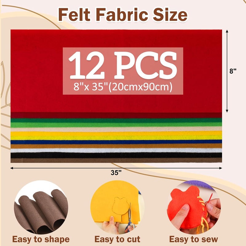 MITINU 12 Rolls 8"x35"(20.5x90cm) 1.4mm Thick Soft Felt Fabric Sheet 12 Assorted Colors Felt Pack for DIY Craft Sewing Squares Nonwoven Patchwork - Image 2